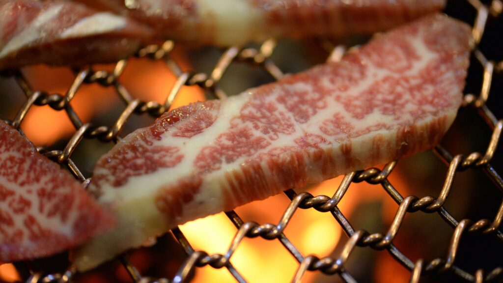 Marbled Hanwoo Korean beef grilling over charcoal
