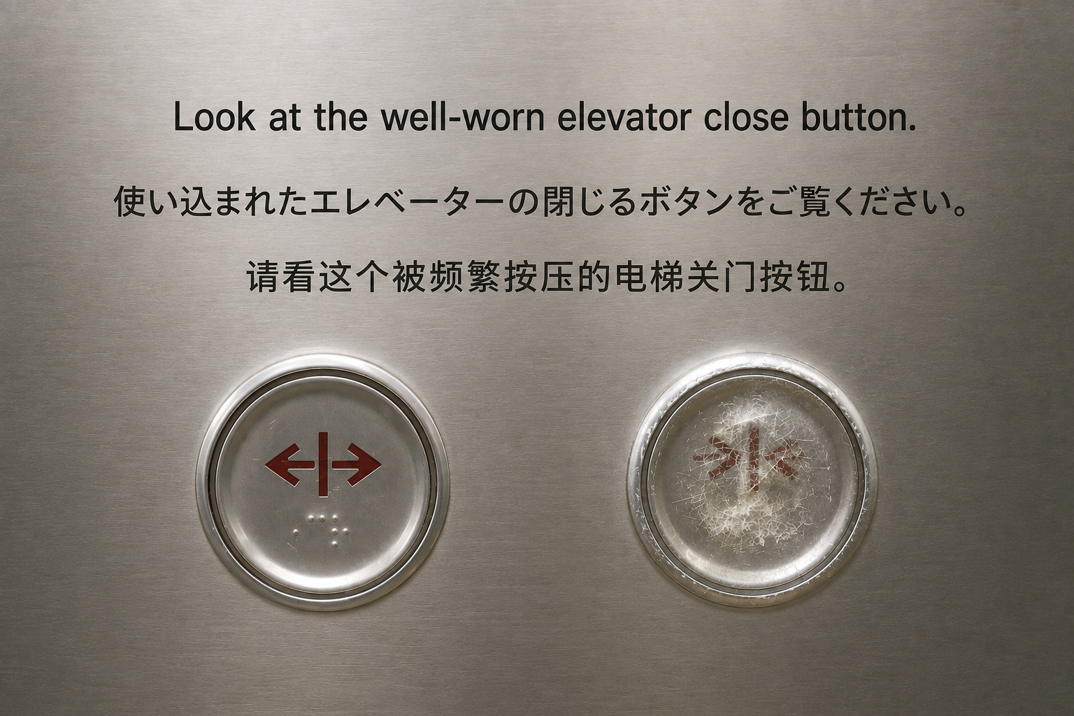 Photograph of a lift panel. The door-open button is pristine, while the door-close button beside it is clouded and covered in scratches from constant pressing. Captions in English, Japanese and Chinese invite the viewer to look at the well-worn close button.