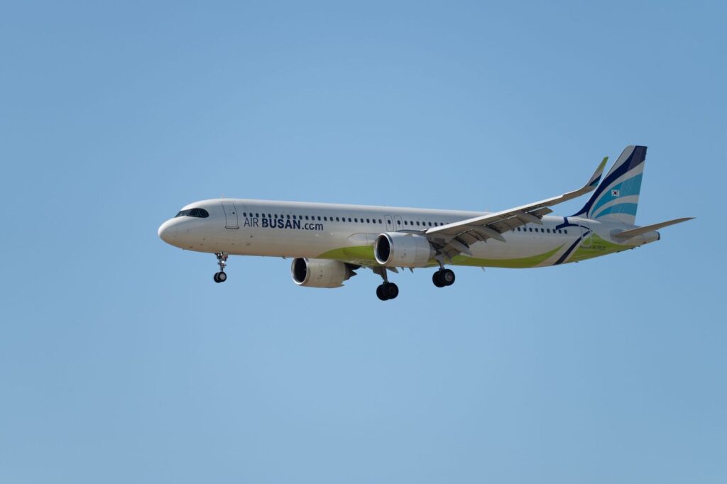 An Air Busan plane on approach, one of the airlines on Korean domestic routes