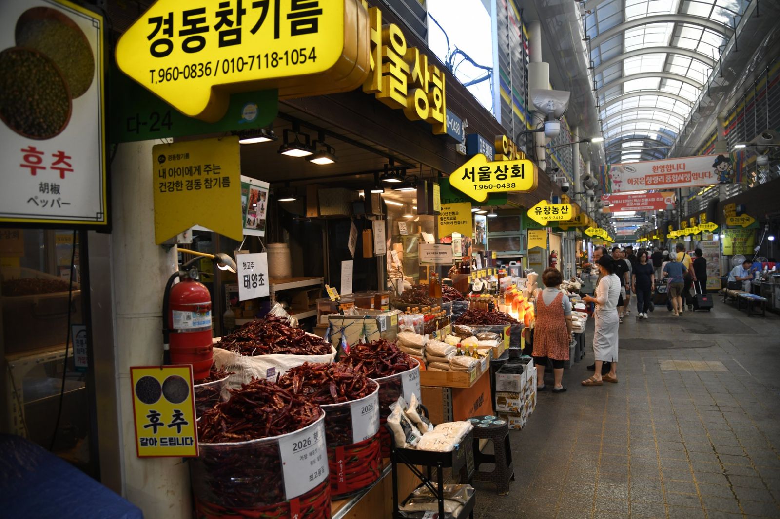 Sacks of this year's sun-dried red chilies and a fresh sesame oil stall under the covered arcade of a traditional market in Cheongnyangni, Seoul