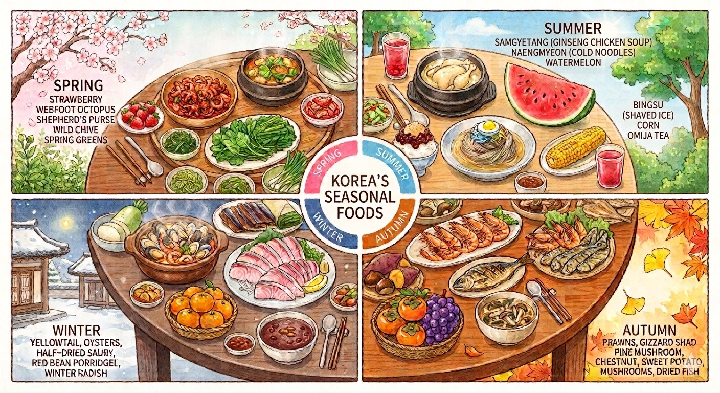 Illustrated round tables showing Korea's seasonal foods: spring greens, strawberries and baby octopus; summer samgyetang, naengmyeon, watermelon and bingsu; autumn prawns, gizzard shad, chestnuts, sweet potatoes and persimmons; winter yellowtail, oysters, half-dried saury and red bean porridge