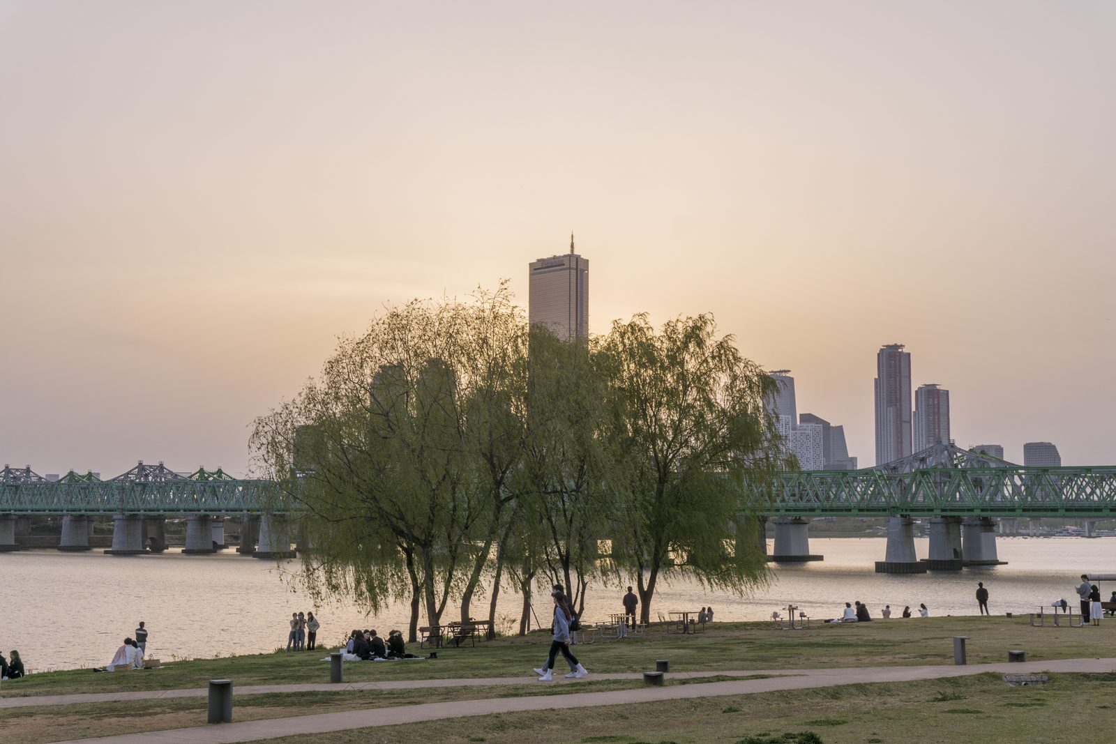 A riverside lawn on the Han at a spring sunset, people sitting under willows, with a green railway bridge and the 63 Building behind.
